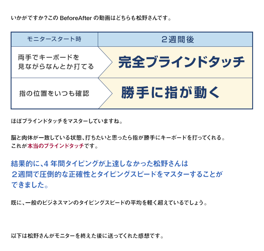 いかがですか？このBeforeAfterの動画はどちらも松野さんです。