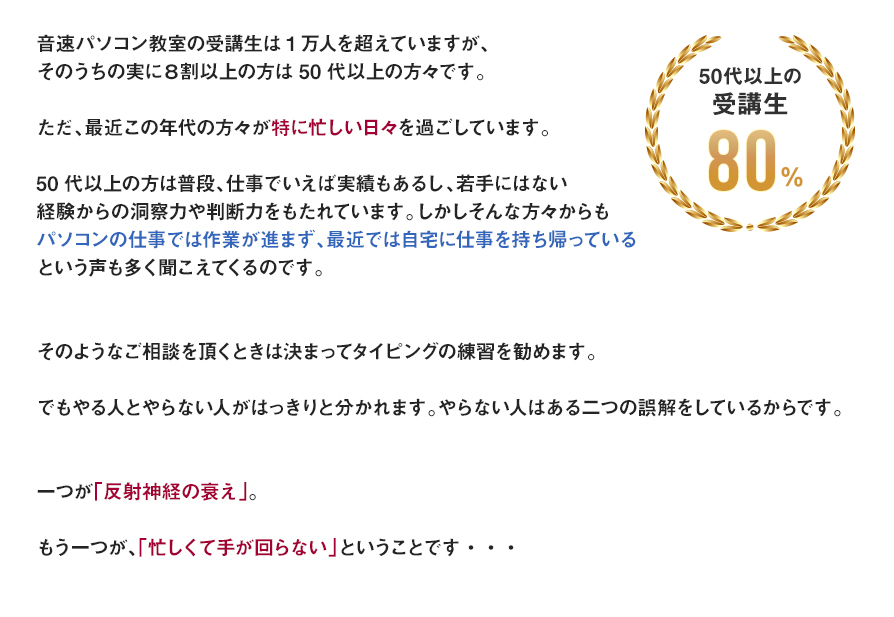 音速パソコン教室の受講生は1万人を超えていますが、そのうちの実に８割以上の方は50代以上の方々です。